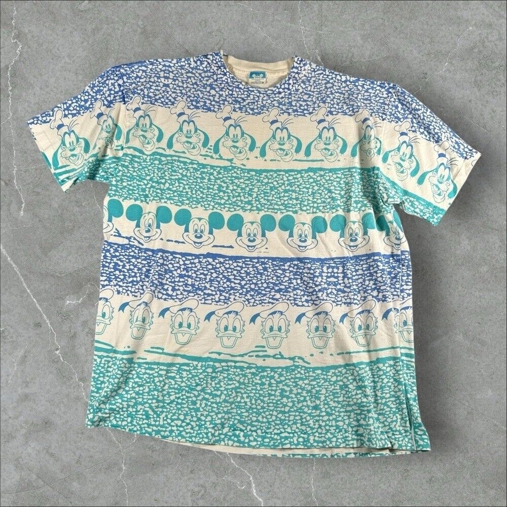 Vintage Disney Shirt Mens XL Blue White 80s Mickey Donald Goofy AOP Striped Rare